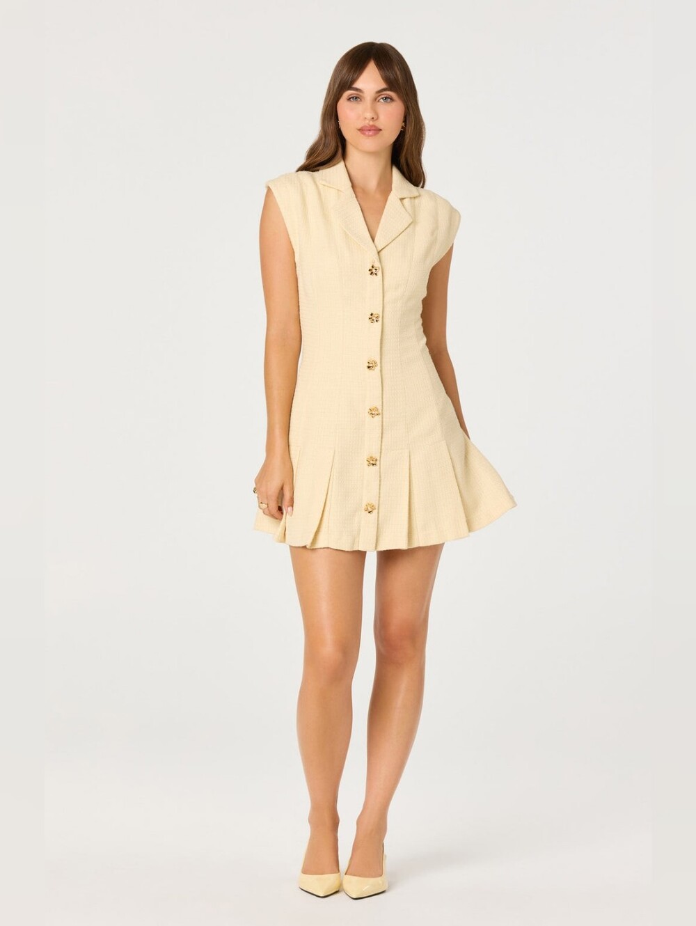 NWT ASTR The Label Diannie Tweed Mini Dress Butter Yellow Sz M Drop Waist Preppy